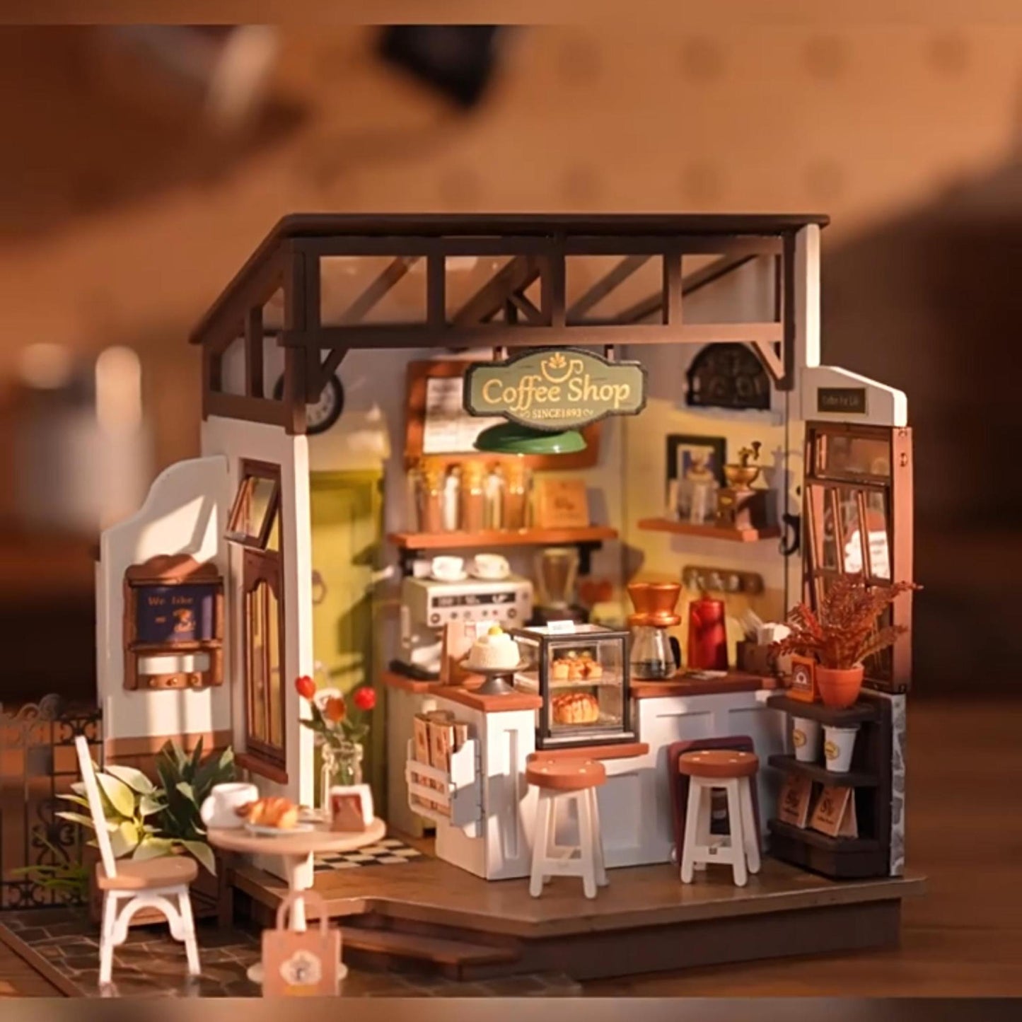 Coffee Shop - Miniature Dollhouse Kit with LED Lights