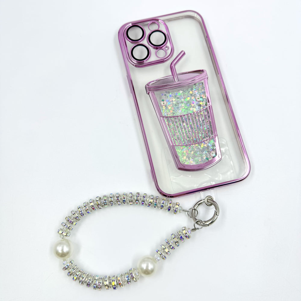 Kosbling pink glitter cup shape transparent phonecase with phonsechain