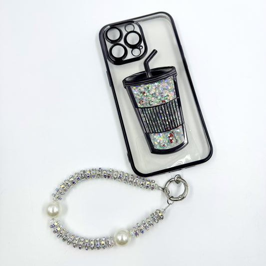 Kosbling black glitter cup-shape transparent phonecase with phonechain