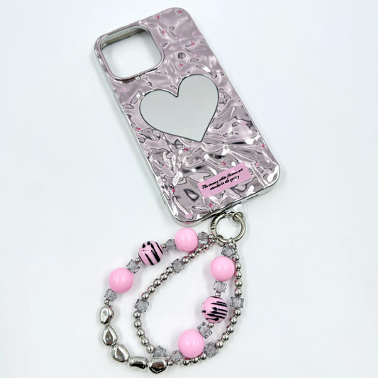 Kosbling pink laser heart-shape mirror phonecase with phonechain