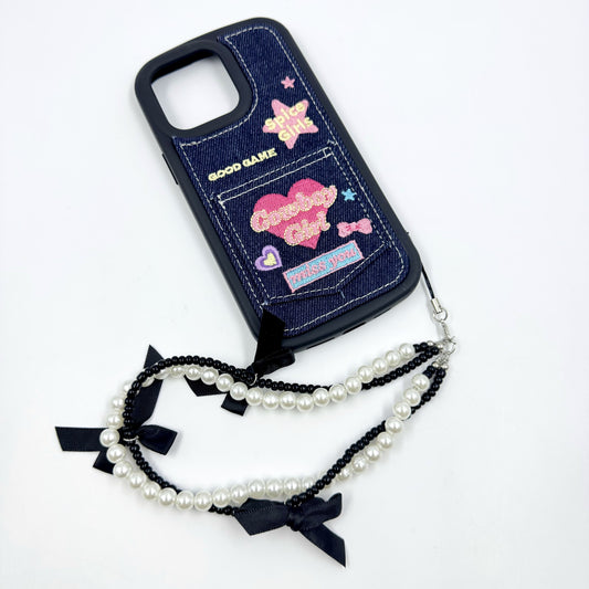 Kosbling blue denim fabric hear-shape embroidery phonecase with phonechain