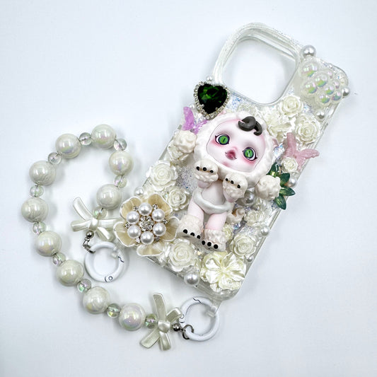 Kosbling handmade skullpanda cream iphone 15 promax phonecase with phonechain