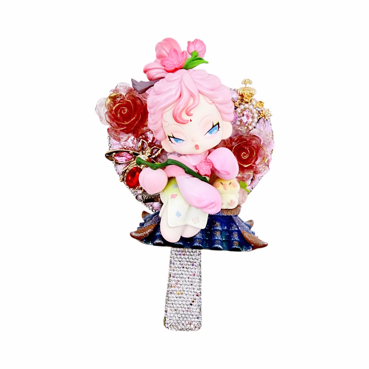 Handmade Heart-Shaped Rhinestone Hand Mirror With Cream Glue - Kosbling Handmade Blind Bag