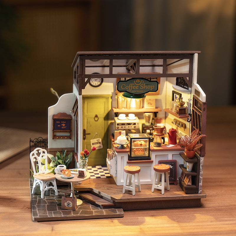 Coffee Shop - Miniature Dollhouse Kit with LED Lights