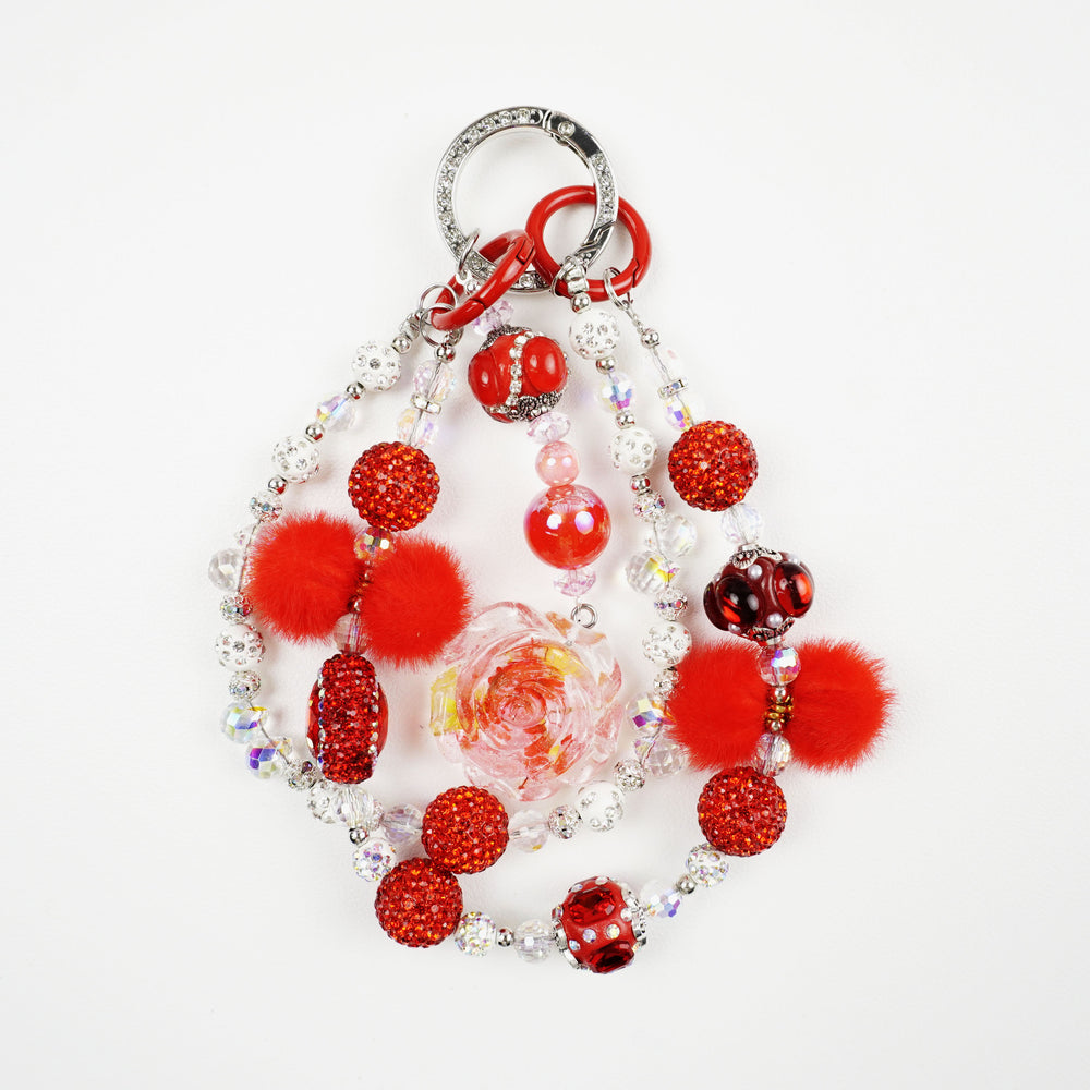 Kosbling Rose Resin Keychain With Red Fluffy Mini Ball