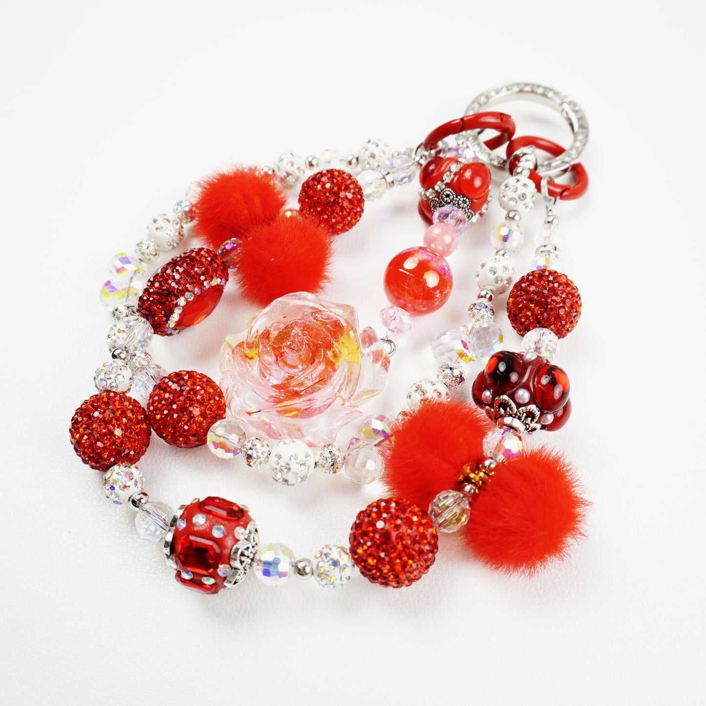 Kosbling Rose Resin Keychain With Red Fluffy Mini Ball