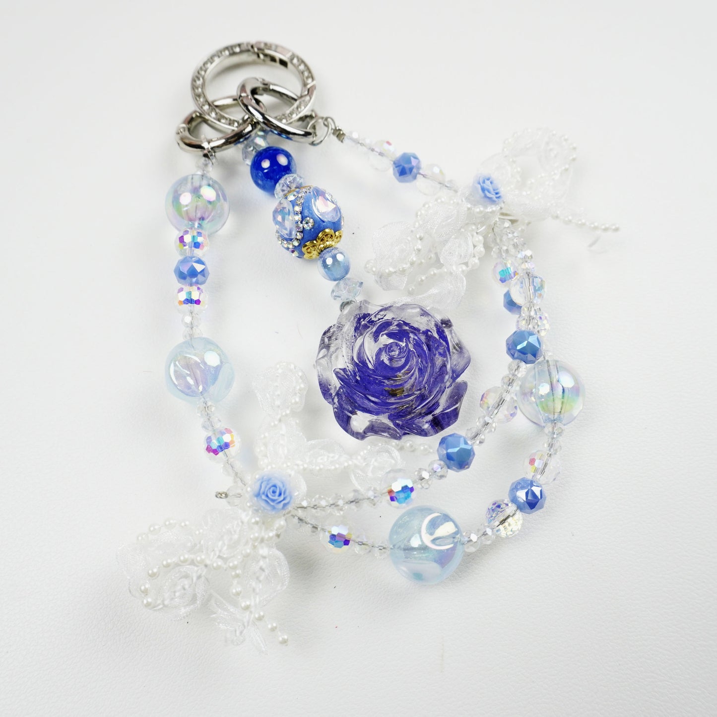 Kosbling Rose Resin Keychain With Light Blue Crafting Beads