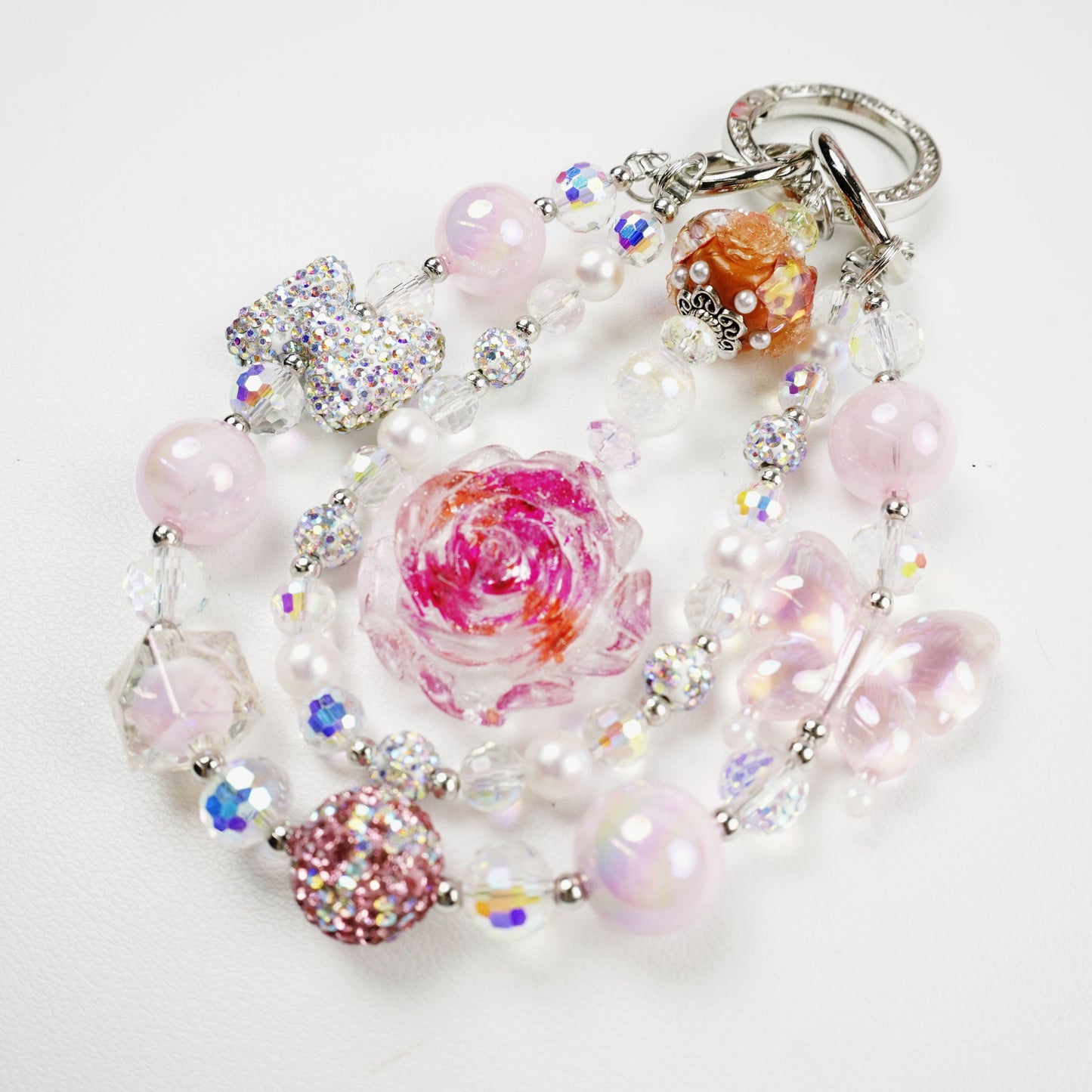 Kosbling Rose Resin Keychain With Pink Beads And Bowtie