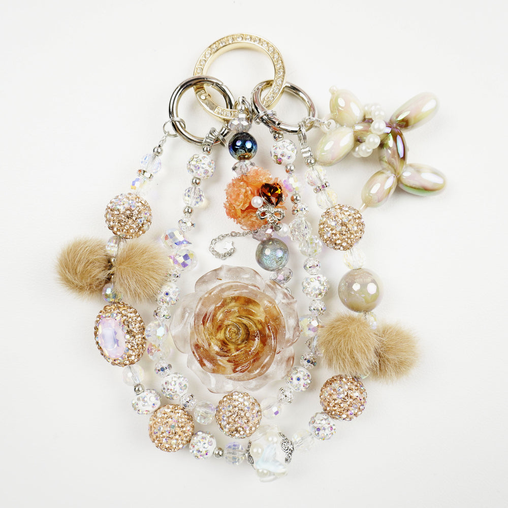 Kosbling Rose Resin Keychain With Beige Fluffy Mini Ball And Puppy