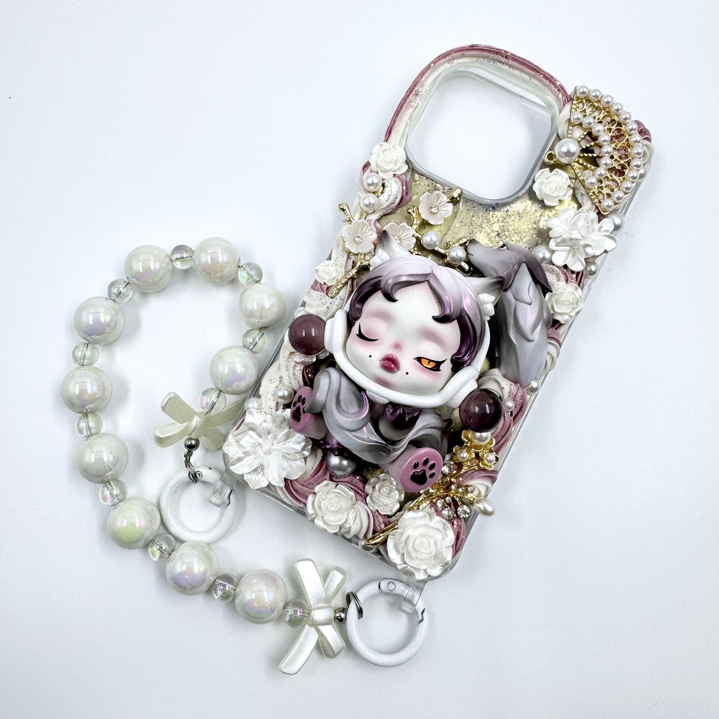 Kosbling handmade skullpanda cream iphone 15 promax phonecase with phonechain