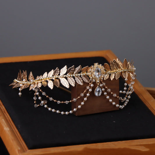 Vintage Gold Olive Leaf Goddess Rhinestone Headband - HO1