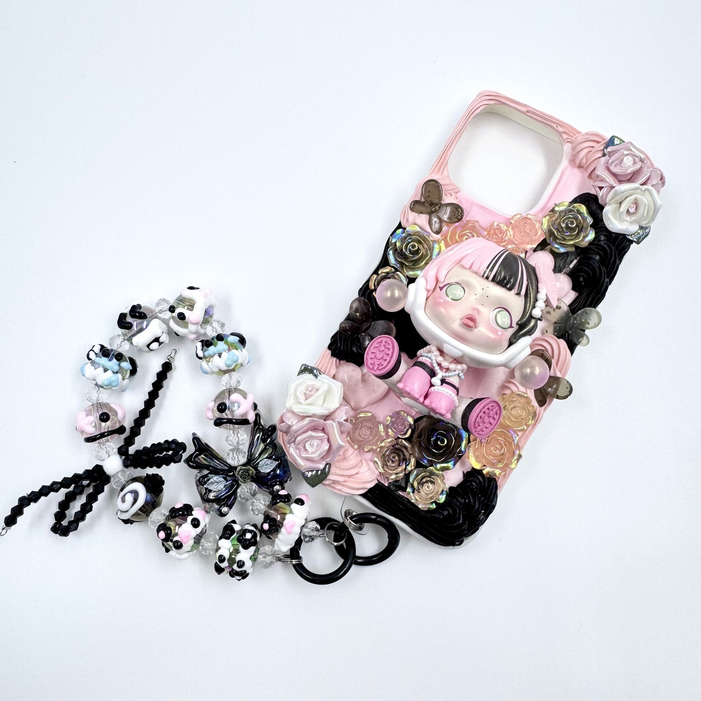 Kosbling handmade skullpanda cream iphone 13 promax phonecase with phonchain