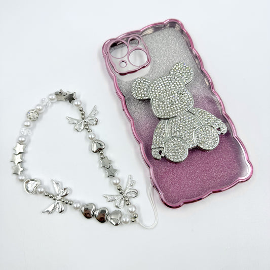 Kosbling glitter pink bear phonecase with phonechain