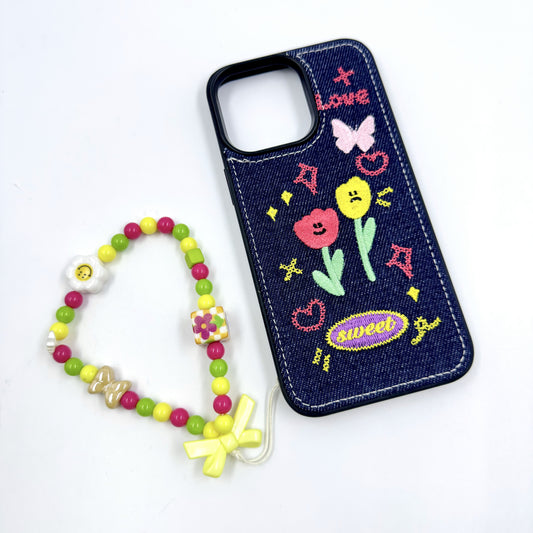 Kosbling blue flower denim fabric embroidery phonecase with phonechain