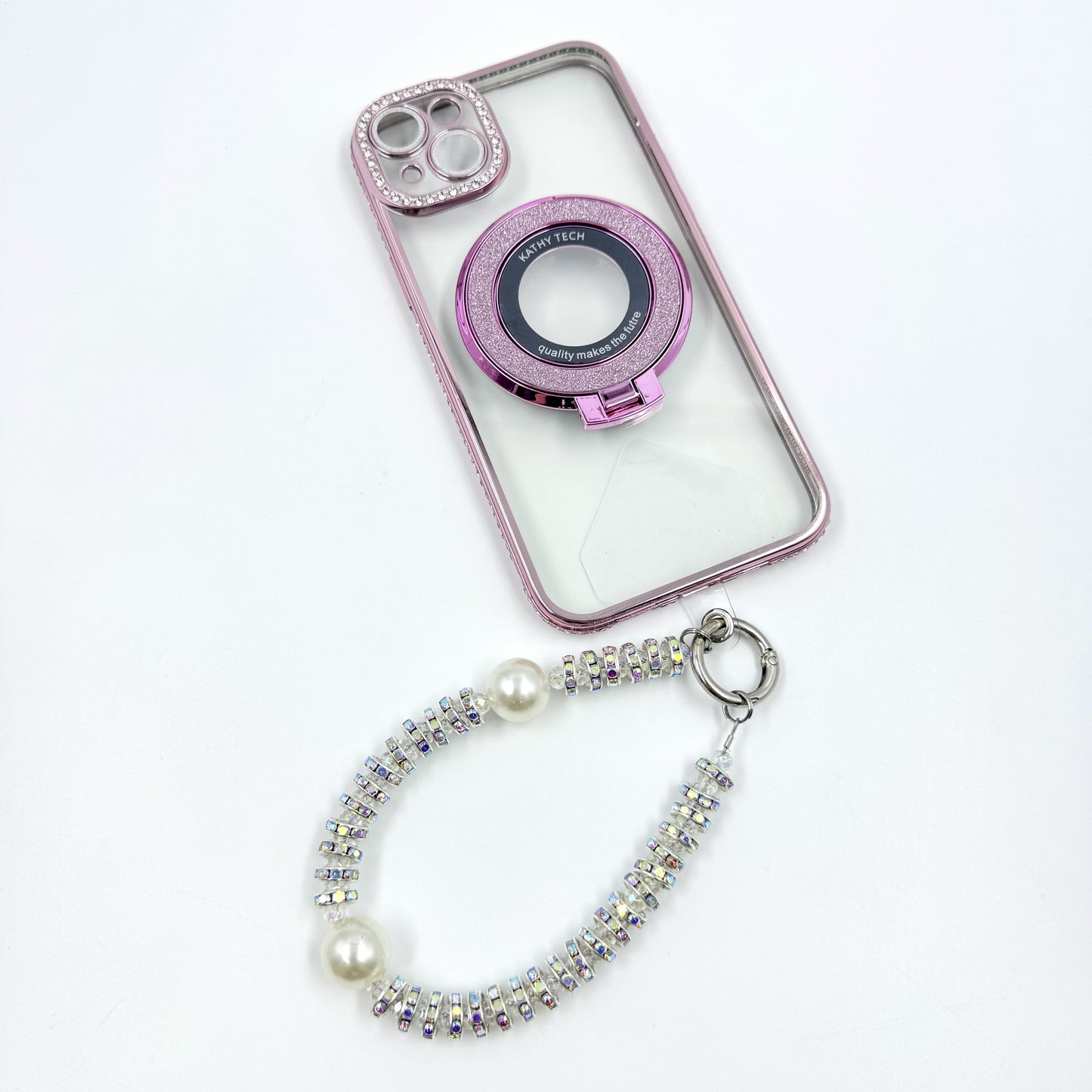 Kosbling pink glitter stand ring transparent phonecase with phonechain